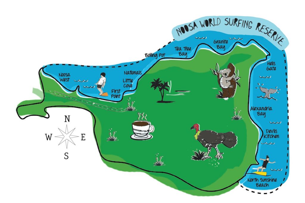 Illustrated map of Noosa World Surfing Reserve showing beaches, bays, a surfer, a koala, a bush turkey, landmarks like Alexandria Bay and Devil’s Kitchen, and a coffee cup, with a compass in the bottom left corner.