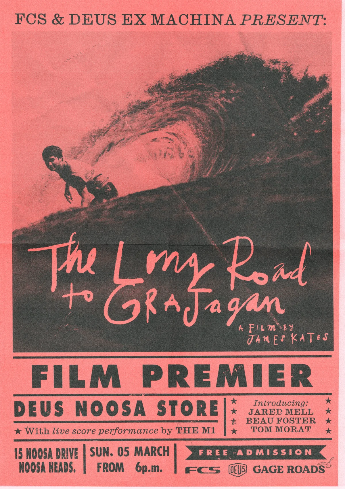 A vintage-style pink poster for the film premiere of "The Long Road to Grajagan" shows a surfer riding a large wave. Event details are listed below, including date, time, location, and live music.