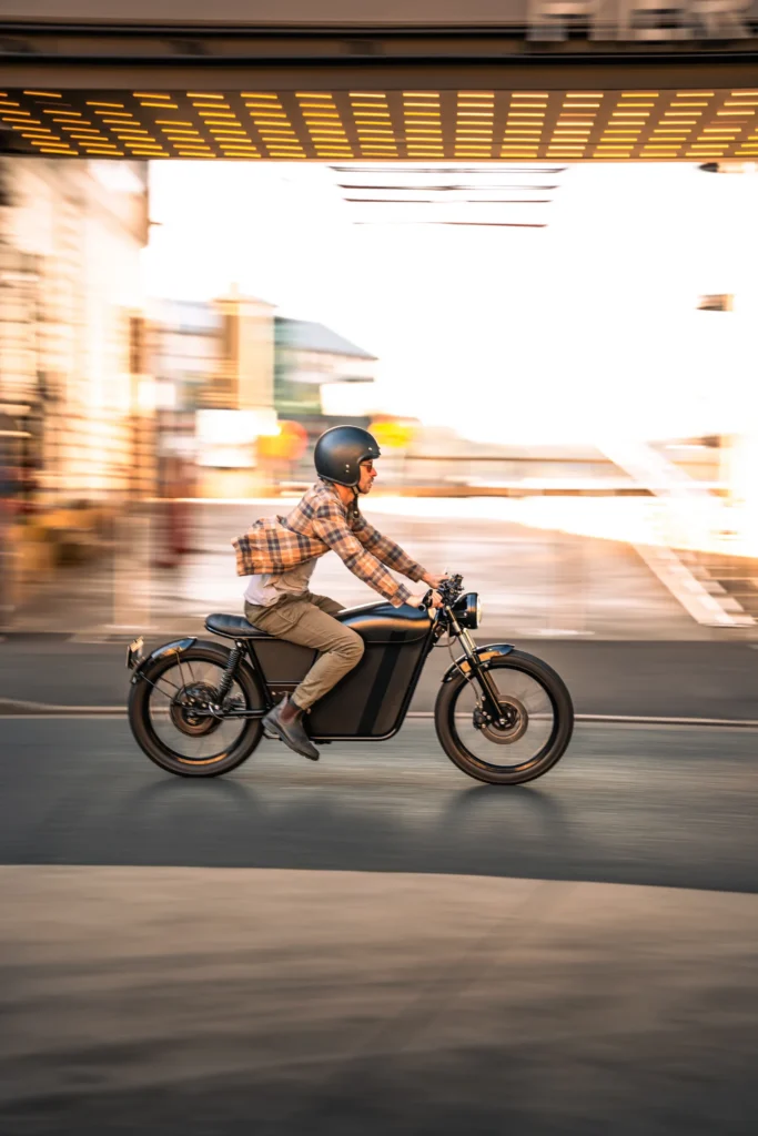 A person wearing a helmet and plaid shirt rides a black electric bicycle quickly through a city street, with the background blurred from the motion.