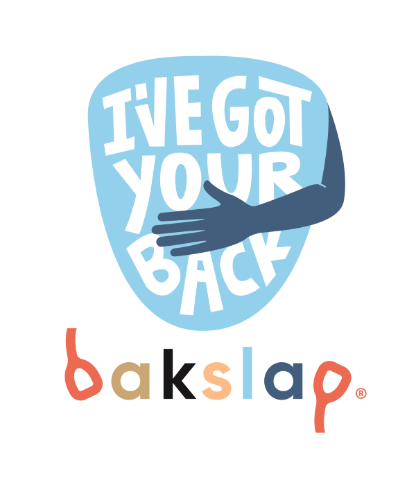 A blue badge with white text reading "I'VE GOT YOUR BACK" and a dark blue arm across it. Below, the word "bakslap" is written in colorful, playful lowercase letters.
