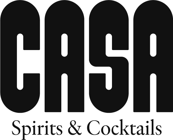 Black bold text reads "CASA" in large letters, with smaller text below that says "Spirits & Cocktails" on a white background.
