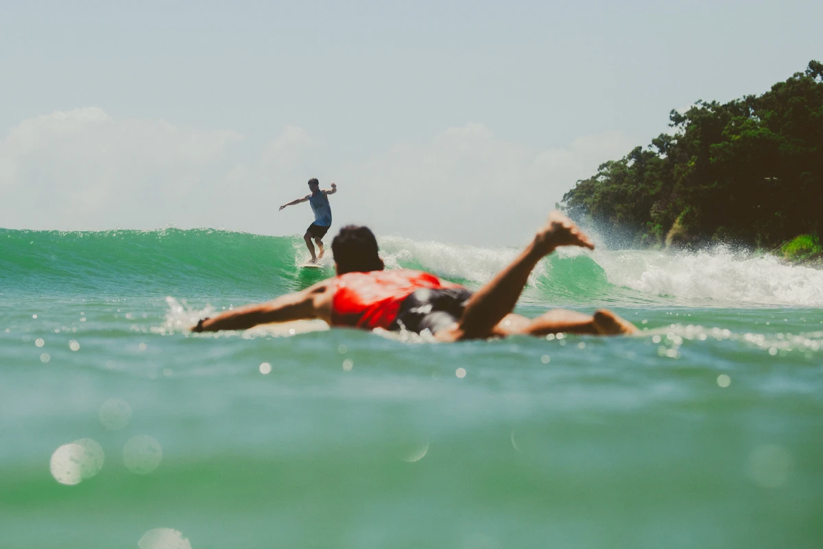 A person in a red swimsuit paddles on a surfboard in the ocean, while another surfer rides a green wave in the background near a lush, tree-lined shore under a clear sky.