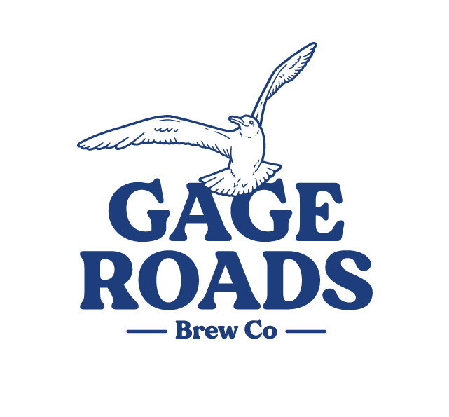 Logo for Gage Roads Brew Co featuring a white seagull with wings spread above the company name in bold blue letters, all set against a black background.