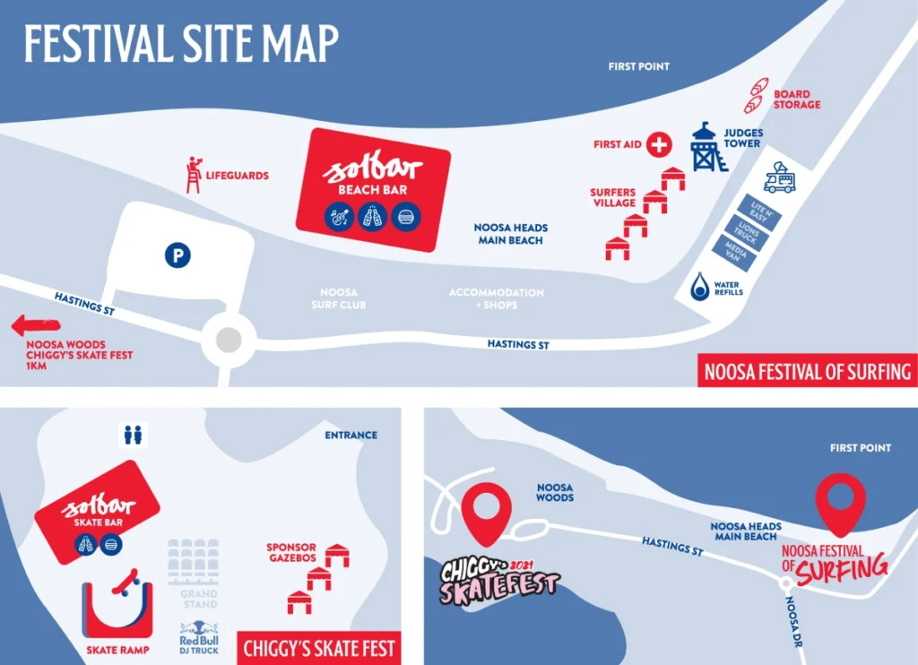 Festival site map showing locations for Noosa Festival of Surfing and Chiccy's Skate Fest, including first aid, judges, board storage, beach bar, parking, water refills, spectator areas, skate ramp, and grandstand seating.