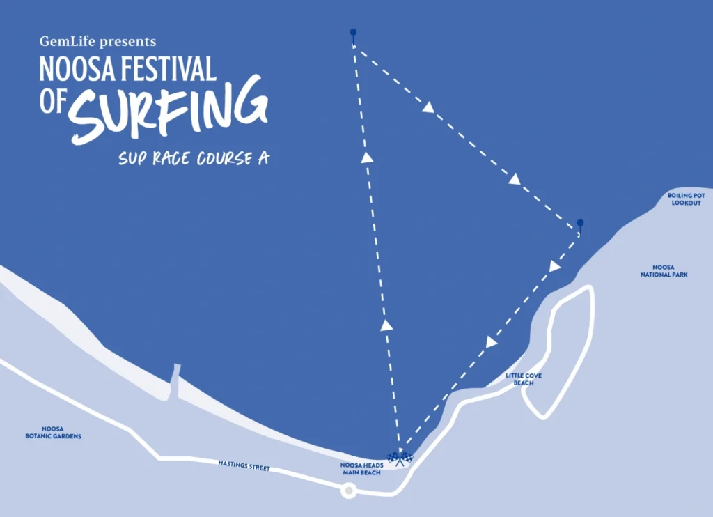 A blue and white map shows Noosa Festival of Surfing SUP Race Course A, marked by a triangular path over the water near Noosa Heads Main Beach, with landmarks including Little Cove, Noosa National Park, and Boiling Pot Lookout.