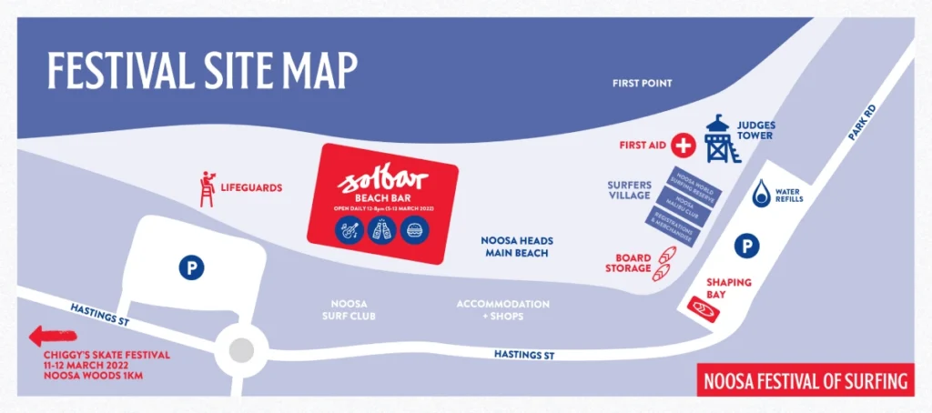 A colorful site map for the Noosa Festival of Surfing shows key locations: Solbar Beach Bar, main beach, judges tower, water refill station, parking, lifeguards, and surrounding roads including Hastings St and Park Rd.