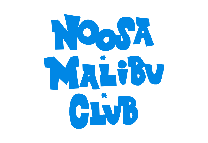 Blue, playful bubble letters on a white background spell out "Noosa Malibu Club," with asterisks separating the words.