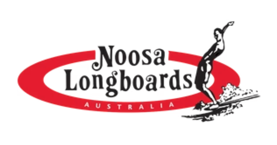 Logo for Noosa Longboards Australia featuring a surfer riding a wave, with a red oval shape encircling the words "Noosa Longboards" and "Australia" written at the bottom.