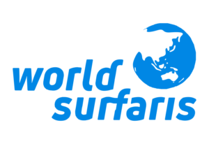 Blue "World Surfaris" logo with stylized lowercase text beside a blue globe showing Asia and Australia on a white background.