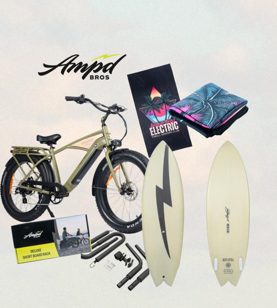 A collage shows an electric bike, two beige surfboards (one with a black lightning bolt), a colorful towel, a branded box, tools, and an Ampd Bros logo on a light background.