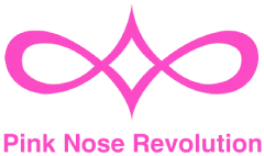 A pink infinity symbol with a diamond shape in the center is above the words "Pink Nose Revolution" in bold pink text on a light background.