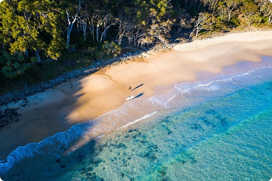 Aerial view of a sandy beach with clear blue water, gentle waves, and trees along the shore. Two people walk near the water, casting long shadows.